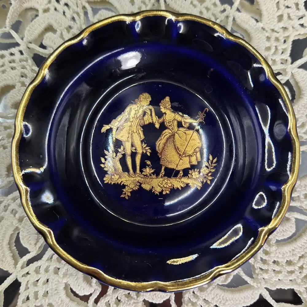 Vintage Limoges Veritable Blue De Four Cobalt Blue Gold Nappy Trinket Dish